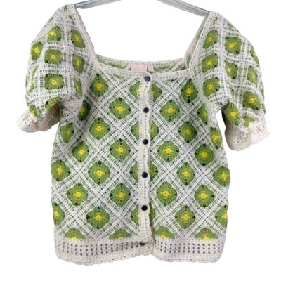 Good Luck Gem GLG L Green Crochet Floral Granny Square Puff Sleeve Cardigan Top