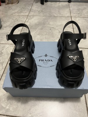 Prada Black Monolith Sandals EU 38 US 7.5 Chunky Crisscross Ankle-Strap 