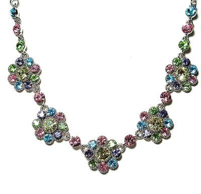 Vtg VCLM Necklace - Multi-color Rhinestones - Floral Clusters Silver tone