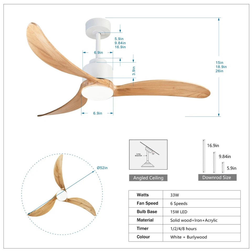 52in Ceiling Fan Dimmable LED Remote Quiet DC Motor 6 Speed 3 Rods Reversible - Image 2 of 4