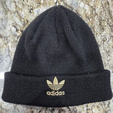 Adidas Beanie Black Gold Trefoil Logo Toque One Size Knit 100 Acrylic Snow Ski