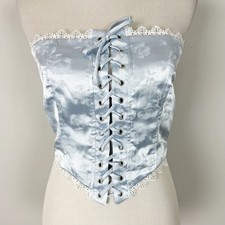 Corset Blue Satin Lace Up Tank Top Lace Trim Boho Coquette Size Medium Women's