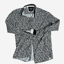 Barabas Mens Geometric Mosaic Print Button Down Shirt Black White Size L
