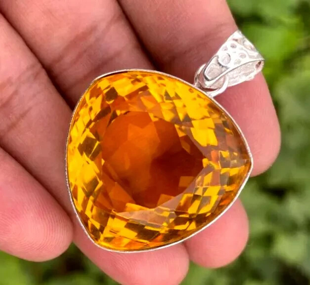 110.90 Ct Natural Yellow Citrine Trillion 925 Solid Silver Pendant HG Gemstone