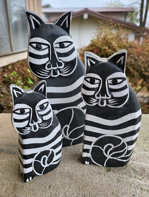 Set of 3 Laurel Burch Style Folk Art Small Wood Cat Figurines | eBay
