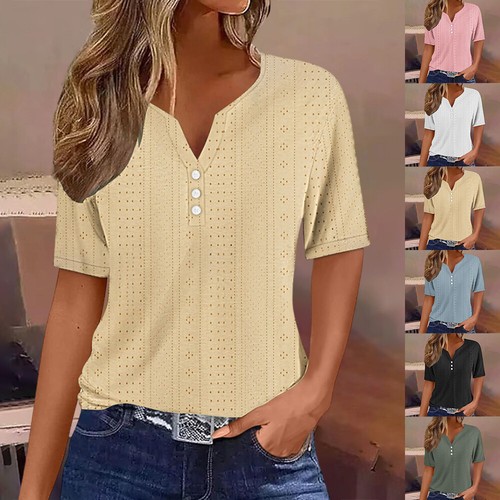 US Womens Short Sleeve Button V-Neck Tops Blouse Summer Casual Loose T-Shirt Tee