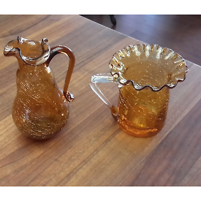 Buy 2 Amber Gold Colored Mini Crackle Glass Pitchers Beautiful Art Glass