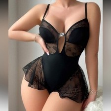 Shein Womens Black Lace Bodysuit Lingerie Small