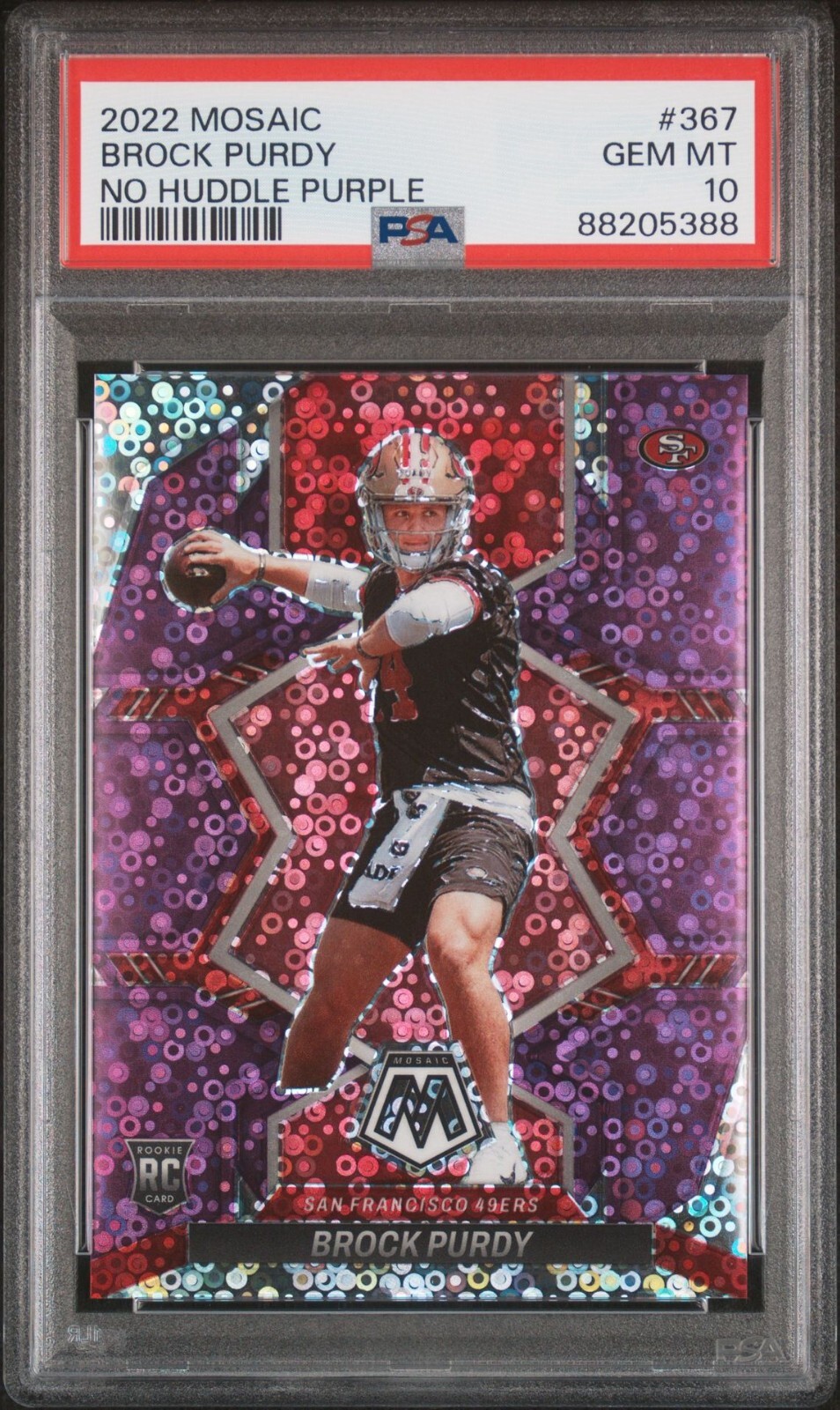 2022 Panini Mosaic #367 Brock Purdy - RC No Huddle PURPLE /50 - PSA 10