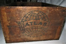 ANTIGUO MUNDO ATLAS PISTOLA POLVO MADERA ALTOS EXPLOSIVOS DINAMITA ARTE HERRAMIENTA LETRERO CAJA