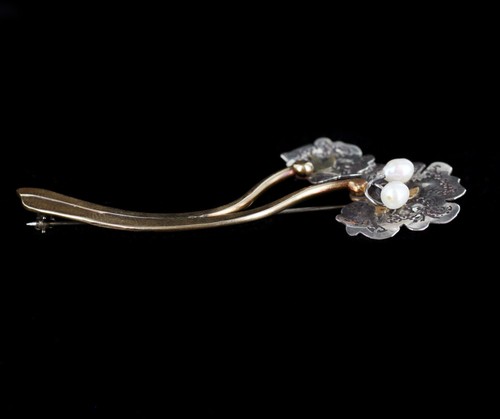 Antique Arts & Crafts 10k Gold Sterling Silver Natural Pearl Floral Pin Brooch - Picture 2 of 4
