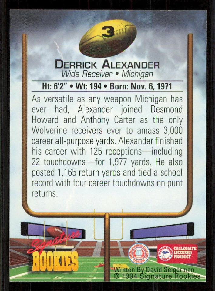 1994 Signature Rookies AUTO #3 Derrick Alexander WR /7750 - Image 2 of 2