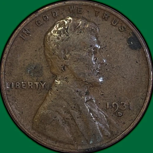 1931-D Lincoln Wheat Cent Very Fine VF Coin, Corrosion #36134