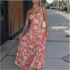 Zara Floral Drop Waist Midi Dress Size S Coral Cream Romantic Summer Brunch Chic