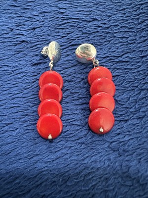 Kay King DTR Signed Sterling Silver 925 Red Coral Disc Dangle Earrings, 2  Long