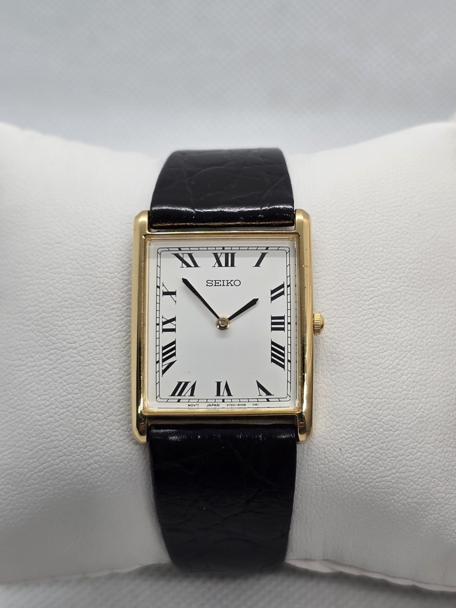 【Vintage】SEIKO セイコー タンク レクタンギュラー ブラック文字盤 Seiko Tank 25mm Watch Gold Tone Roman Numeral Black Leather Strap