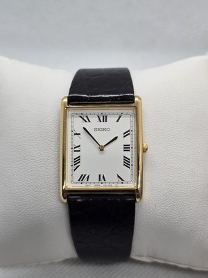 Seiko Tank 25mm Watch Gold Tone Roman Numeral Black Leather Strap