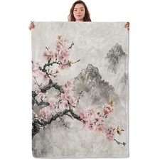 Cherry Blossom Blanket, Soft Warm Cozy Elegant Ink-Style Art Throw Blanket Gi...