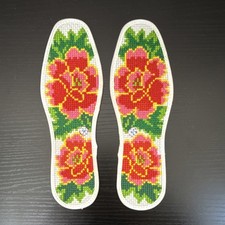 Handmade floral cross-stitch insoles, featuring flower patterns, cotton, pair.
