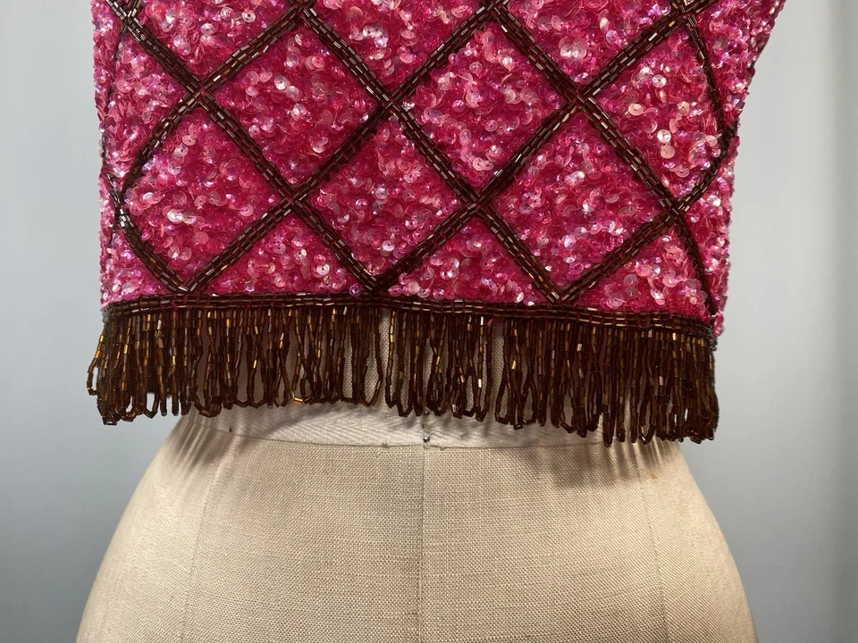 Top Vintage Lentejuelas TALLA EXTRA PEQUEÑO Rosa Marrón Cuentas Recortado Años 60 MARTHA Flecos Foto 2 de 4