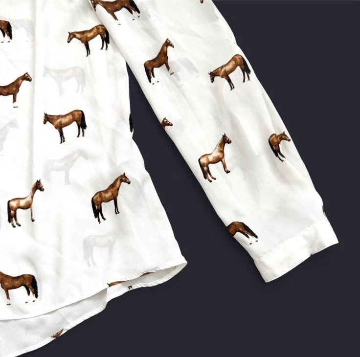 Camisa abotonada con estampado de caballo para mujer manga media larga transparente ecuestre country Foto 3 de 4