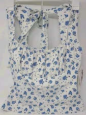 Blogilates Women's Bow Back Tank Top Cream & Blue Floral MEDIUM NWT