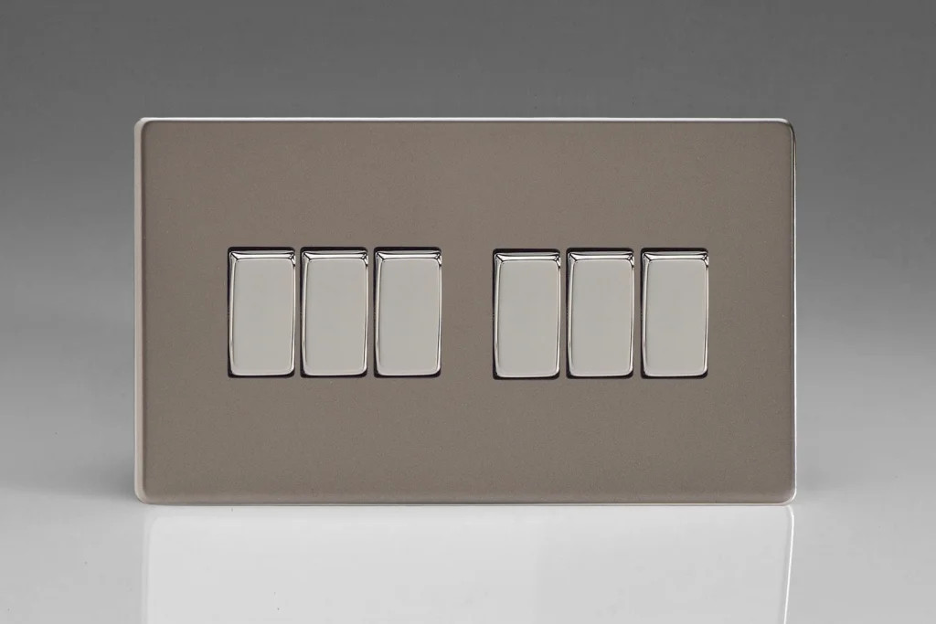 Switch Silver Light 10A 6-Gang 2-Way Screwless Pewter + Chrome Insert Varilight