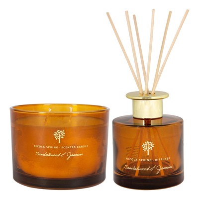 Duftkerze & Schilf Diffuser Set Geschenk 38h Brenndauer 350g Sandelholz & Jasmin