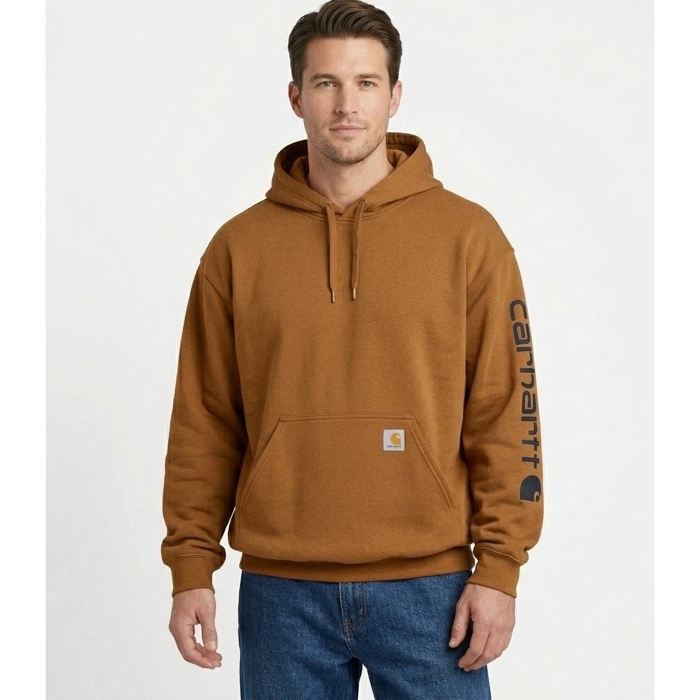 Carhartt Mens Loose Fit Midweight Logo Sleeve Hoodie Brown Tan Fleece Large