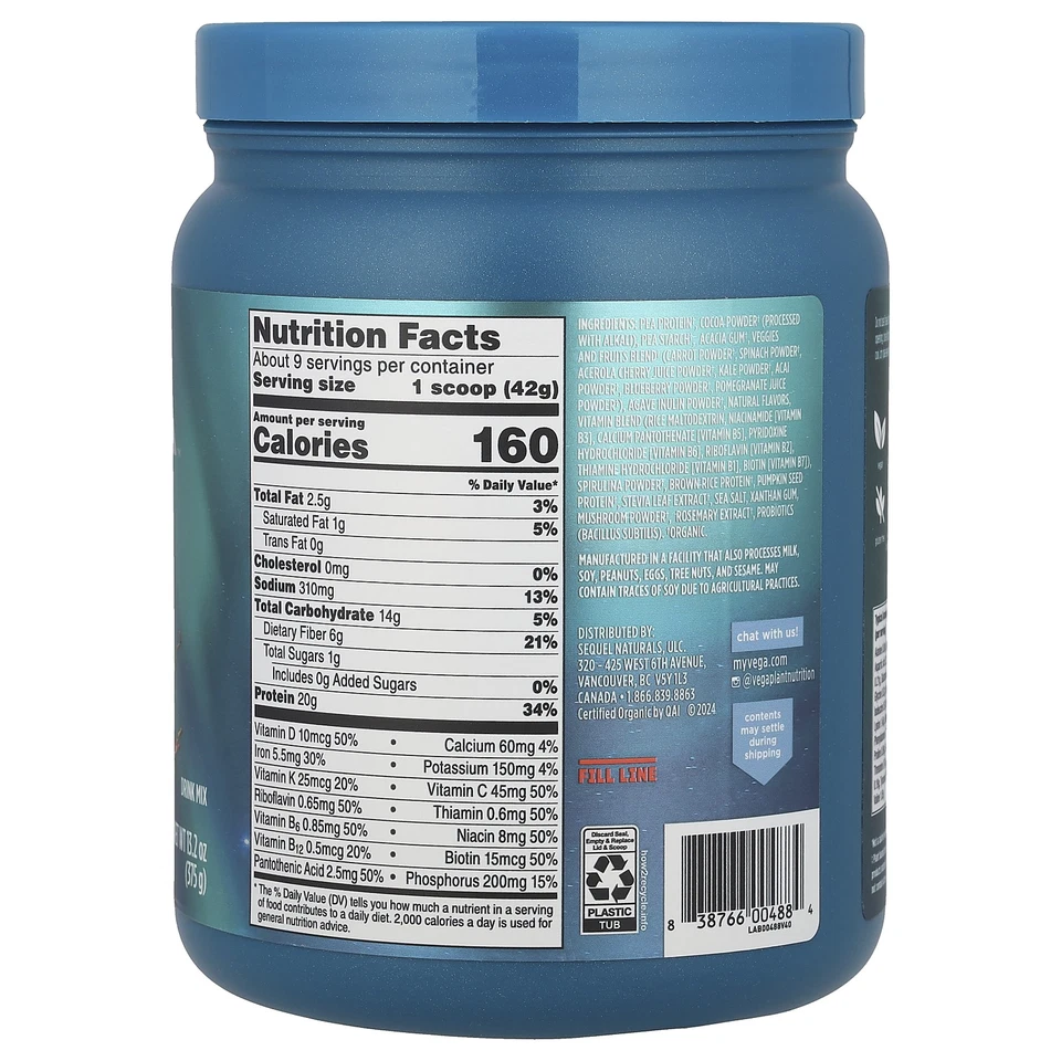 Proteína orgánica de origen vegetal, nutrición todo en uno premium, chocolate, 13,2 oz Foto 2 de 2