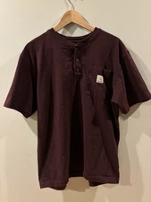 Carhartt Shirt Mens Medium Maroon Short Sleeve Henley Neck Pocket Casual
