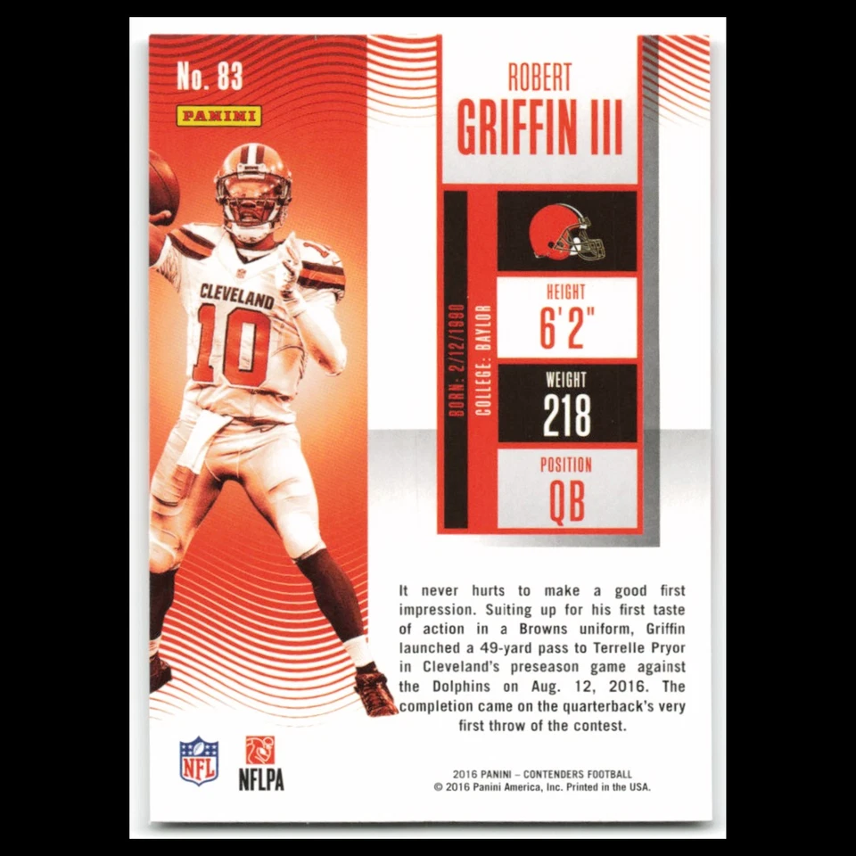 Robert Griffin III #83 2016 Panini Contenders Cleveland Browns Football Card NFL - Image 2 of 3