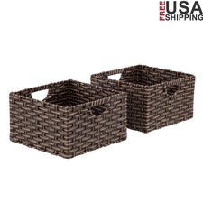 Handwoven Storage Baskets Set 2-Pack Collapsible Organizing Bins W/ Handles New