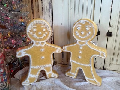 Blow Mold Gingerbread Figures Pair Christmas White Icing Lighted Union Products