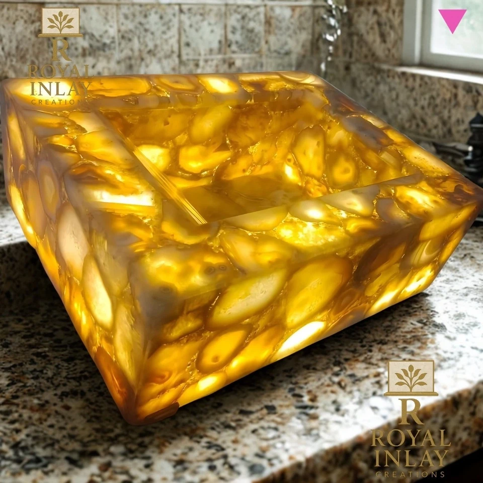 Элегантный желтый агат освещенный плавающий камень раковина чаша текстурированный роскошный умывальник для ванной - Изображение 3 из 4