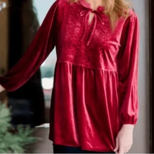 THE PIONEER WOMAN Velvet Embroidered Empire Waist Tunic Red Size XXL 20