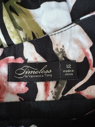Timeless Vanessa Tong Dress Size 12 Black Green Pink Floral Cotton Fit Flare - Picture 9 of 11
