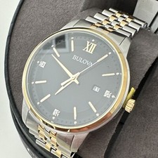 Bulova mens Quartz Gold Tone Case Two Tone Black Dial with Diamonds Watch 98X125