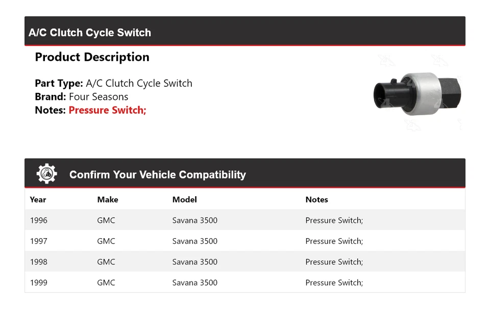 Interruptor de ciclo de embrague de aire acondicionado para GMC Savana 3500 1996-1999 4 estaciones 1997 1998 Foto 2 de 4