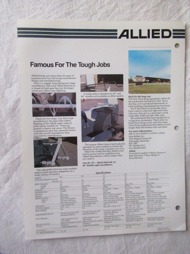 Snowblower Snow Blower Sales Specification Sheet Brochure 1995 Allied Equipment - Picture 2 of 2