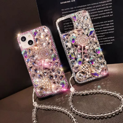 Women/Girl Bling Cute Diamond Rhinestone Rubber Back Phone Case Cover W/Strap