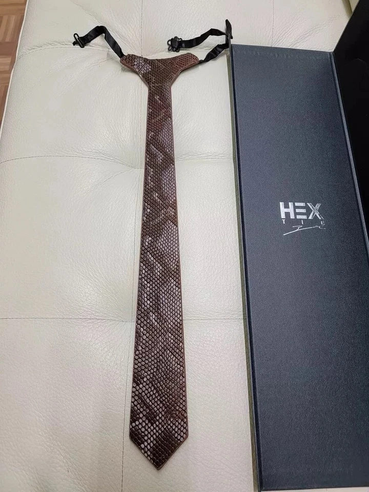 Кожаный галстук подарок для мужчин пиранья удобный искусственный коричневый шестигранный галстук - Изображение 2 из 2