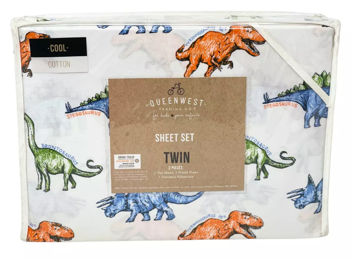 QUEENWEST TWIN 3 PC Soft Cotton Sateen Dino Sheet Set Kids