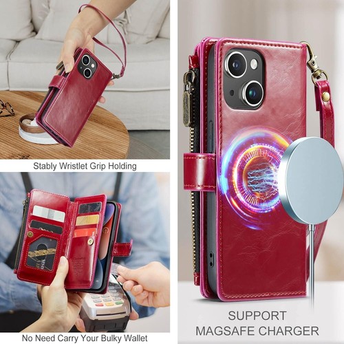 Leather Multifunctional Card Zipper Wallet Phone Case For iPhone 14 Luxury Red - Picture 2 of 6