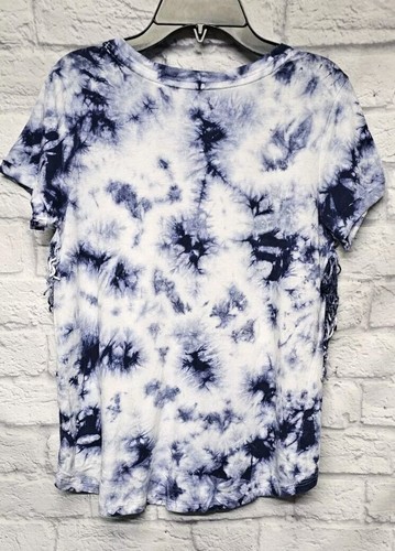 MUDD GIRLS 14 BLUE WHITE NEON PINK TIE DYE BOHO FRINGE HI-LOW CUFFED TOP TEE - Picture 8 of 14