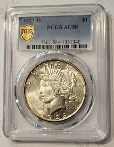 Scarce 1923-D Peace Silver Dollar  PCGS AU58, (Looks Like an Unc)