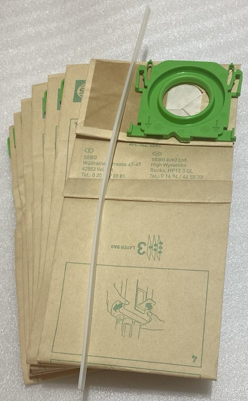 7) SEBO 5093 (ER) (AM) Filter Canister Vacuum Bags & 1) 14” Sealing Strip 5828ER
