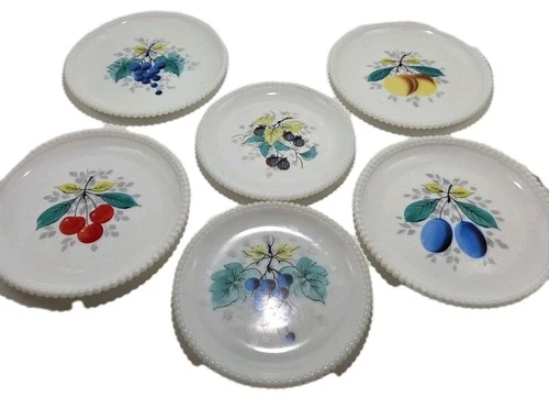 VTG 6 Westmoreland Beaded Edge White Milk Glass Hand Painted Fruit Lunch Plates