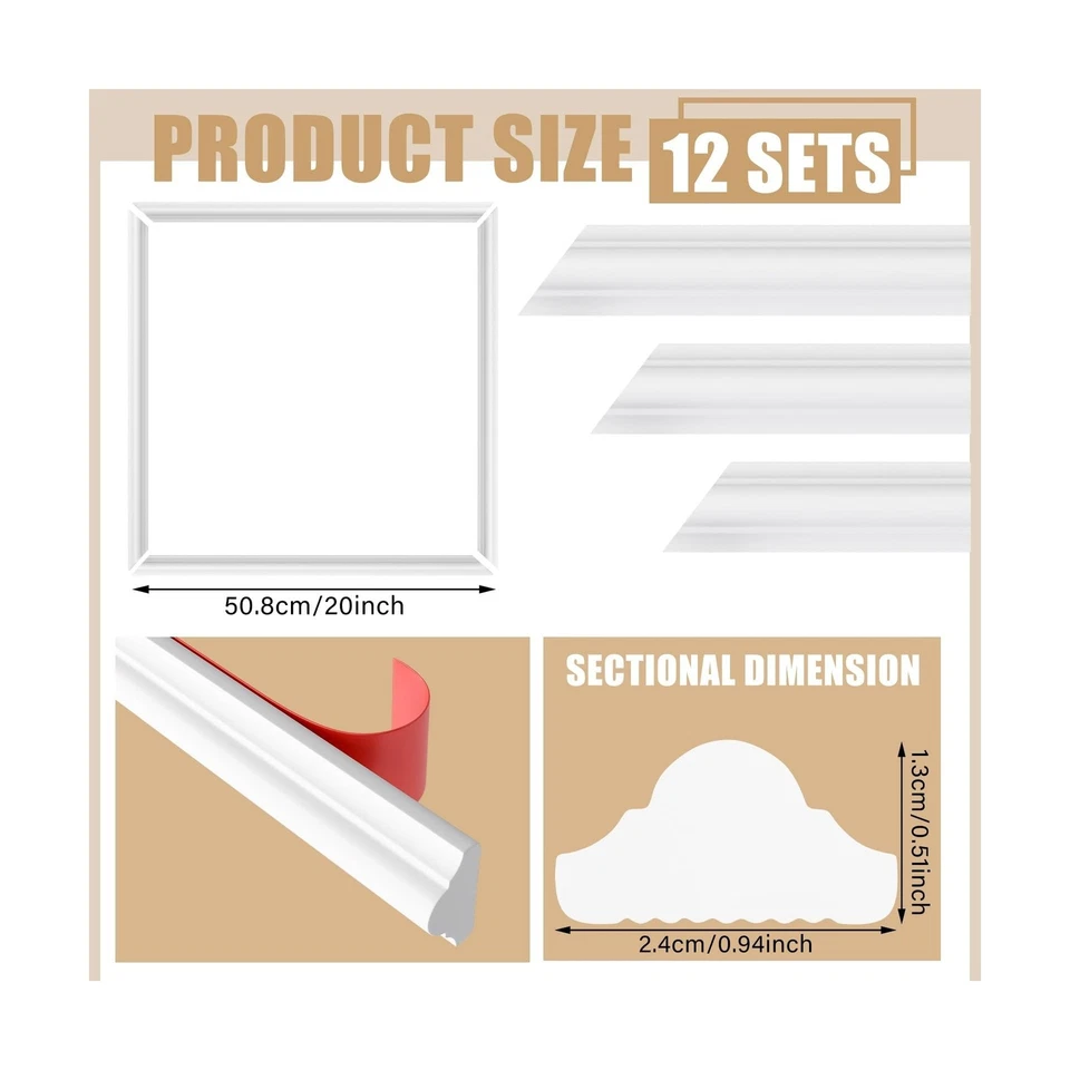 12 Set Accent Wall Molding Kit Premade Wainscoting Panels Wall Molding Peel a... - Image 2 of 4