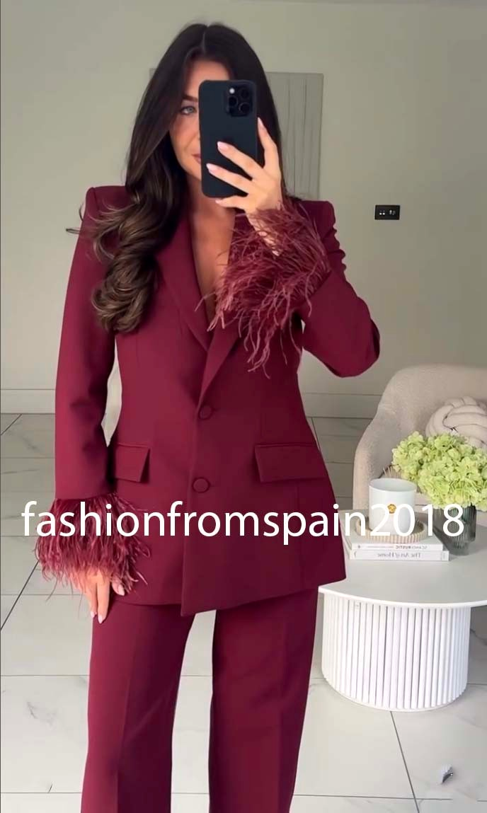 ZARA NEW WOMAN FITTED FEATHER CUFF BLAZER JACKET BURGUNDY XS-XL